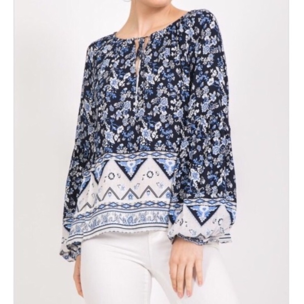 Boho Floral Rayon Blouse Peasant Long Sleeve NWT